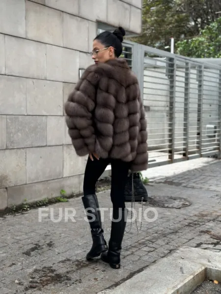 Меховой жакет - шуба из куницы цвет трюфель - фото 8