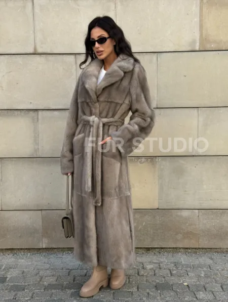 Норковая шуба цельный мех с поясом Luxury Line - цвет silver - фото 13