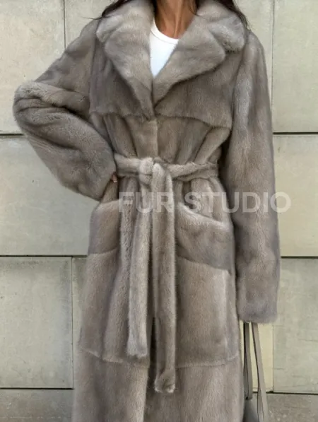 Норковая шуба цельный мех с поясом Luxury Line - цвет silver - фото 5