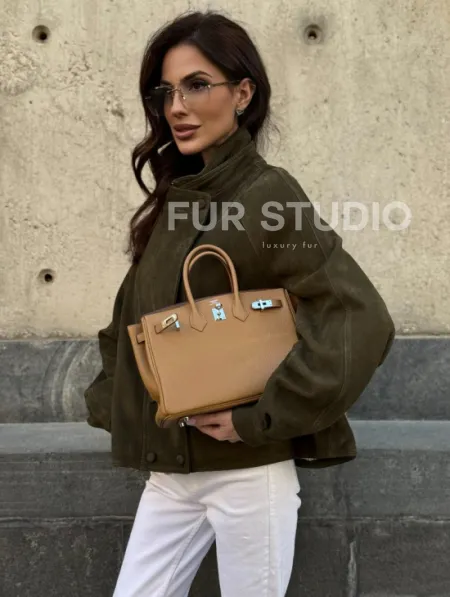 Женский замшевый блейзер - стойка воротник - фото 7