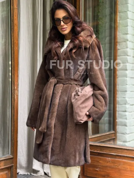 Норковая шуба с капюшоном - цвет орех - фото 2