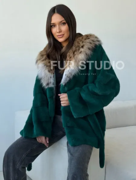 Норковая шуба с капюшоном из рыси - фото 7