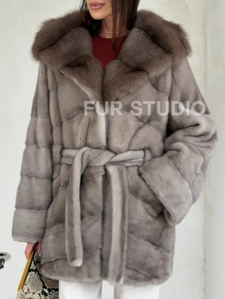 Серый норковый полушубок - капюшон куница - фото 1
