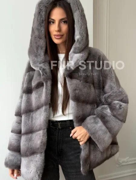 Норковый полушубок с капюшоном - цвет Platinum - фото 7