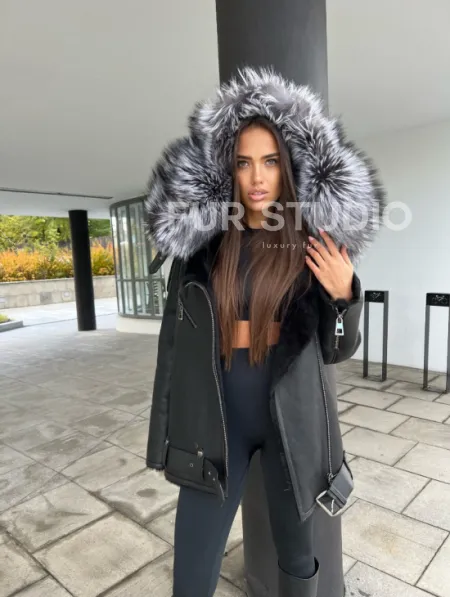 Дубленка - косуха с капюшоном из меха чернобурой лисы - фото 3