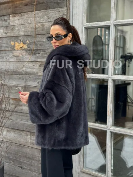 Шуба норковая с капюшоном - цвет графит - фото 6
