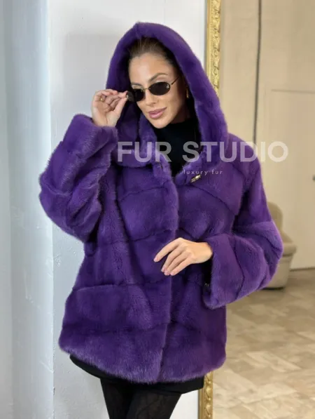 Паркет шуба с капюшоном - фиолетовый цвет - фото 0