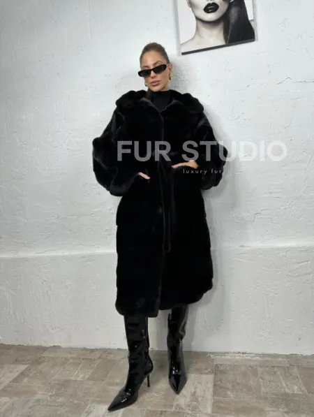 Черная шуба из импортной норки с капюшоном - фото 7