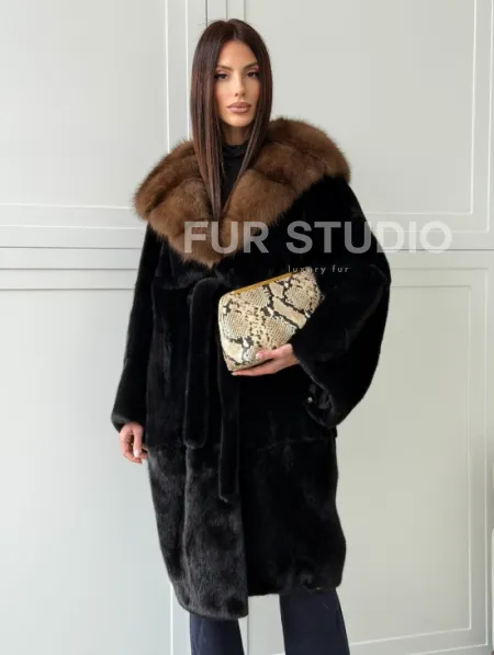 Норковая шуба фасон баллон с капюшоном куница - фото 13