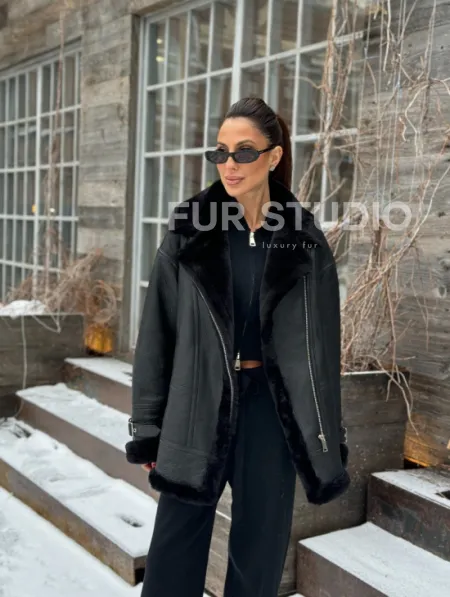Черная дубленка авитор на овчине - фото 5