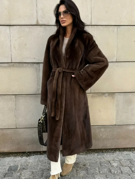 Норковая шуба, цельный мех PREMIUM COLLECTION VELVET - цвет соболь - фото 6