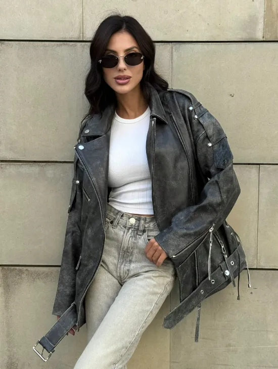 Куртка-косуха винтажная из натуральной кожи со шнуровкой - фото 9