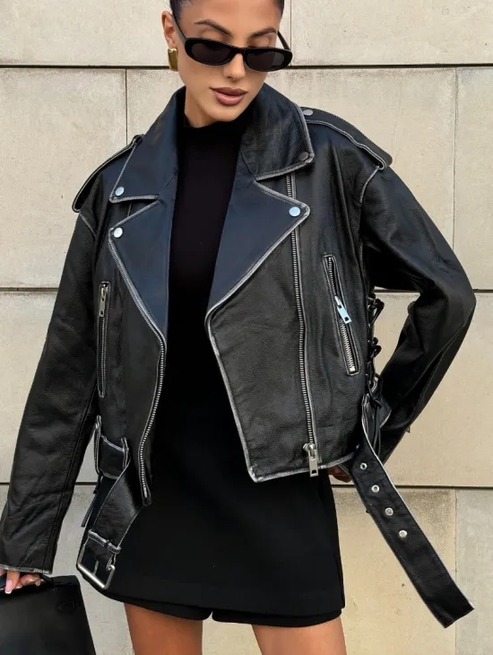 Куртка-косуха из натуральной кожи «Vintage»  со шнуровкой - цвет черный - фото 4