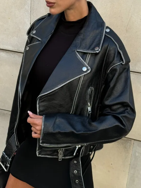 Куртка-косуха из натуральной кожи «Vintage»  со шнуровкой - цвет черный - фото 2