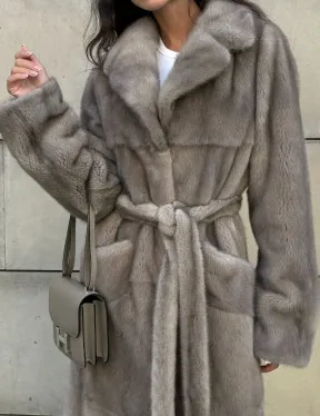 Норковая шуба цельный мех с поясом Luxury Line - цвет silver - фото 3
