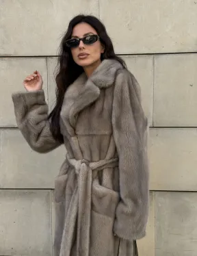 Норковая шуба цельный мех с поясом Luxury Line - цвет silver - фото 12