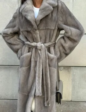 Норковая шуба цельный мех с поясом Luxury Line - цвет silver - фото 6