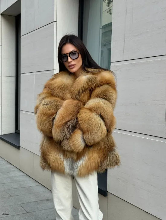 Шуба из меха рыжей лисы в натуральном цвете, паркетной раскладке - фото 12