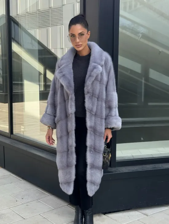 Голубая норковая шуба английский воротник, фасон кокон - фото 4