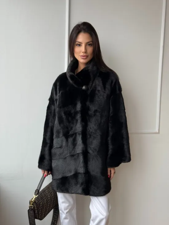 Черный полушубок из натурального меха, стойка воротник - фото 10