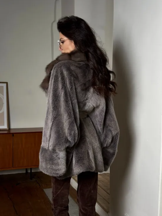 Женский норковый полушубок с воротником из куницы, фасон - летучая мышь - фото 7