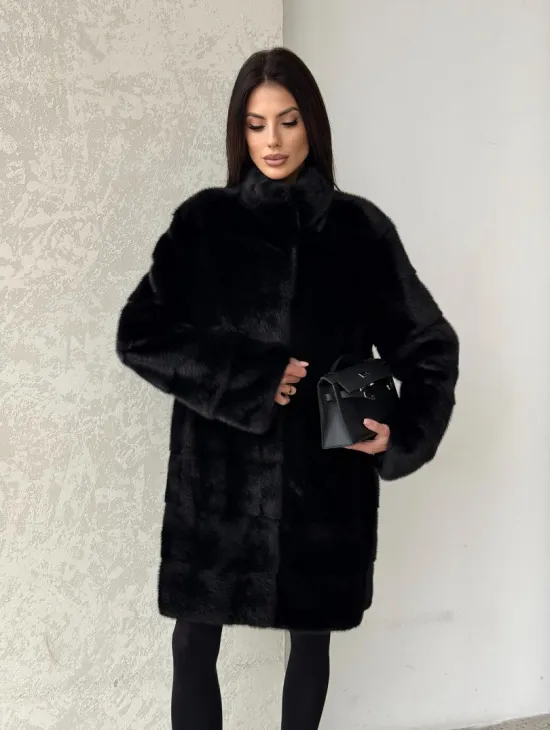 Норковая шуба в черном цвете воротник стойка - фото 8