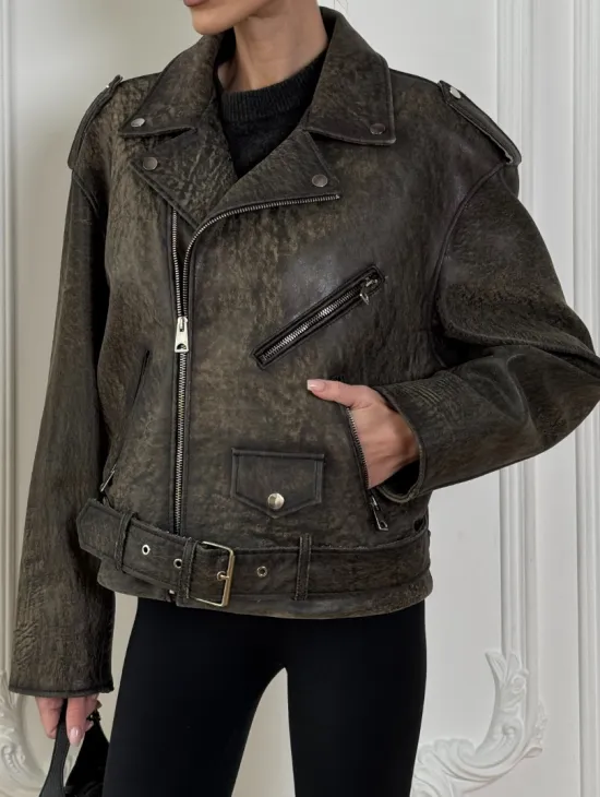 Натуральная женская кожаная косуха в стиле Vintage весна - 2025 - фото 1