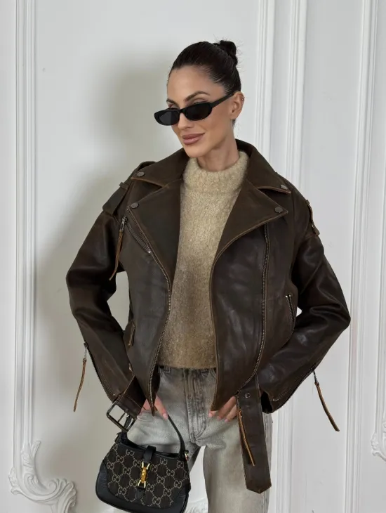 Vintage Brown кожаная куртка - косуха оверсайз с затертыми швами - фото 8