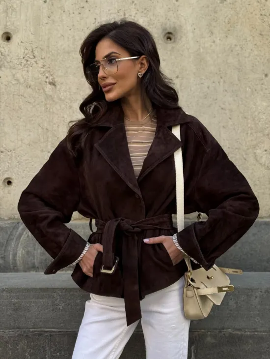 Жакет - куртка из замшевой кожи LUX с поясом - фото 7