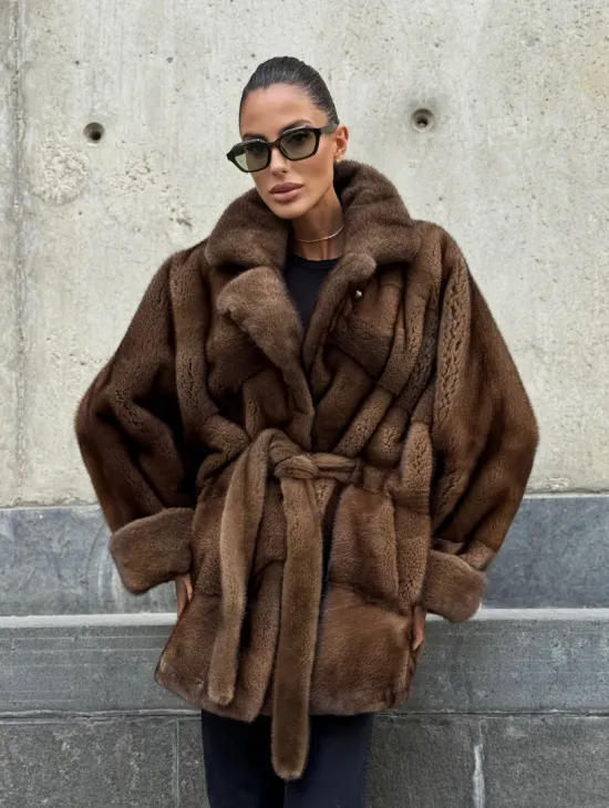 Шуба летучка из премиум меха норки - цвет соболь - фото 8