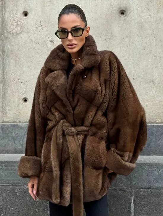 Шуба летучка из премиум меха норки - цвет соболь - фото 0