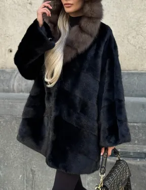 Черный норковый полушубок с капюшоном куница - фото 2