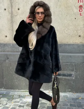 Черный норковый полушубок с капюшоном куница - фото 4