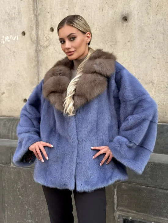 Короткая шуба норковая с воротником из куницы - фото 5