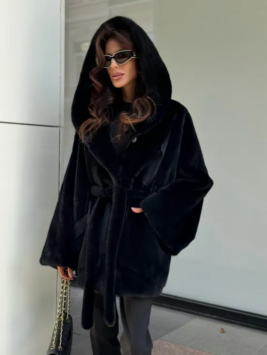 Пончо из норки с капюшоном кобра - черно-синий - фото 2