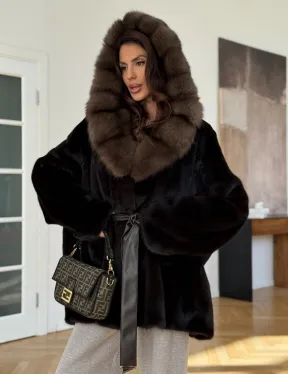 Коричневая норковая шуба с накладными карманами - фото 5