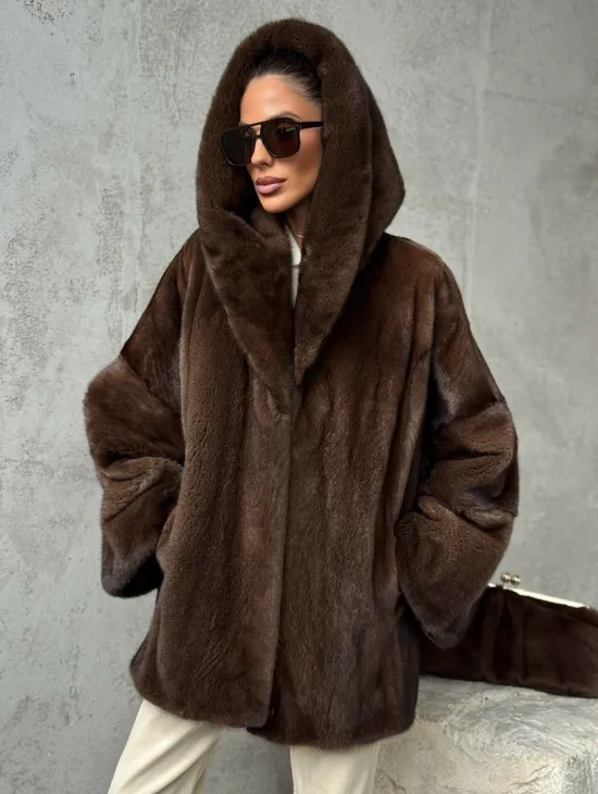 Норковый полушубок с капюшоном - цвет коричневый - фото 7