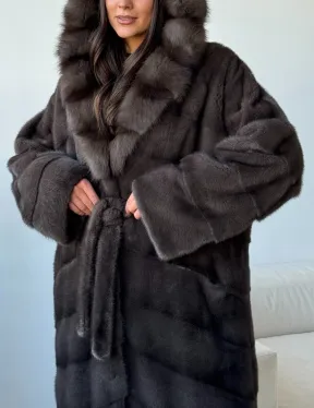 Длинная норковая шуба с капюшоном - графит - фото 1
