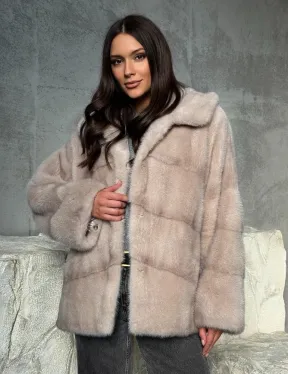 Норковый полушубок с капюшоном в цвете пудра - фото 0
