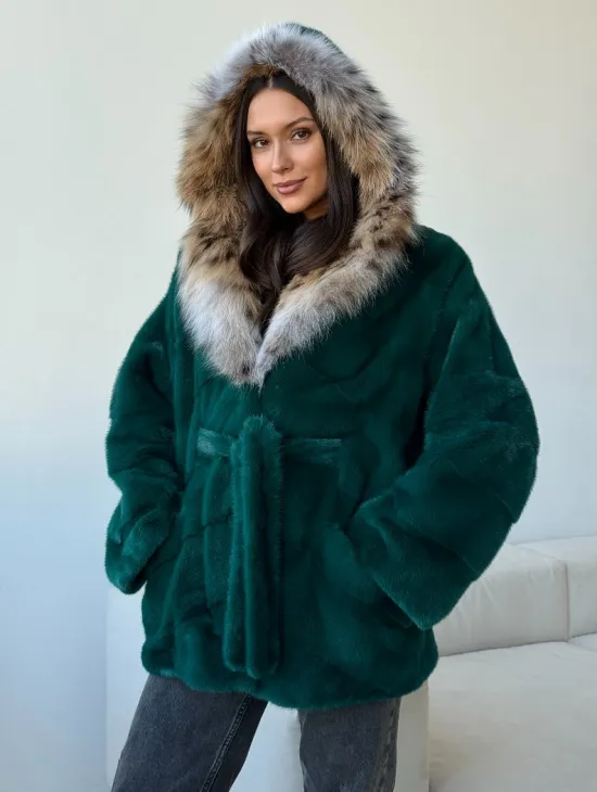 Норковая шуба с капюшоном из рыси - фото 8
