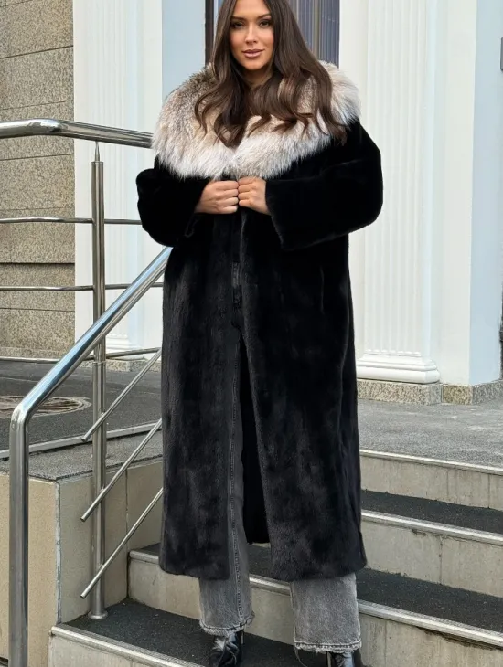 Черная норковая шуба с капюшоном из рыси - фото 4