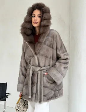 Серый норковый полушубок - капюшон куница - фото 8