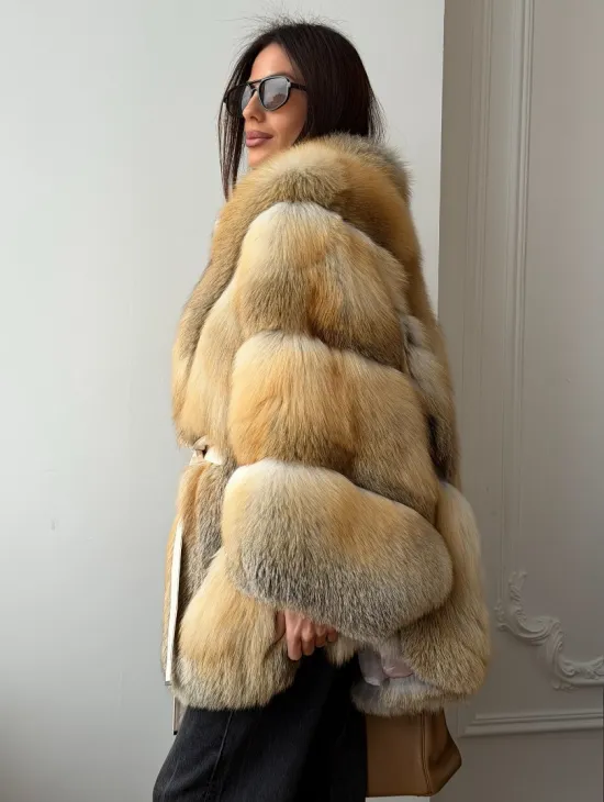 Шуба - пончо из лисы с поясом - фото 7