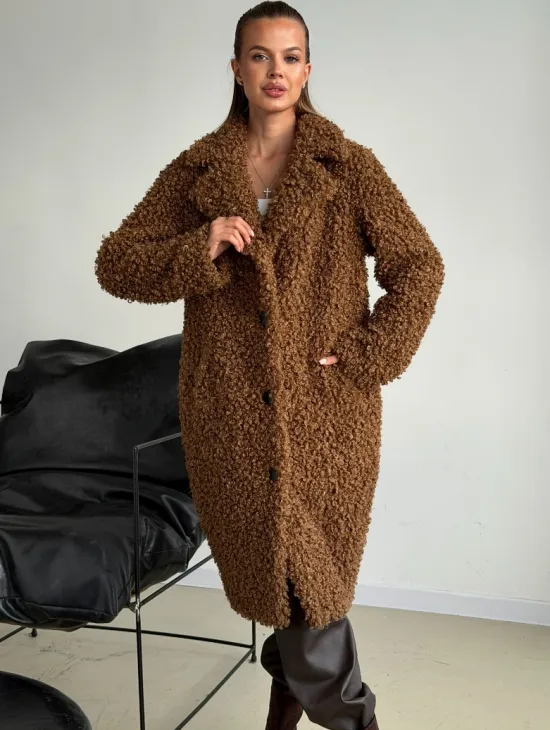 Коричневая двухсторонняя дубленка из экомеха - фото 0