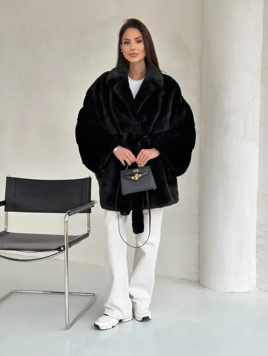 Черная норковая шуба - летучая мышь - фото 8