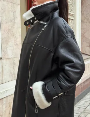 Дубленка авиатор длинная на белой овчине - фото 1