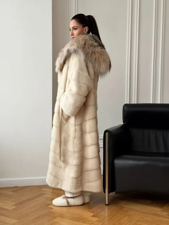 Длинная норковая шуба - капюшон из меха рыси - фото 10