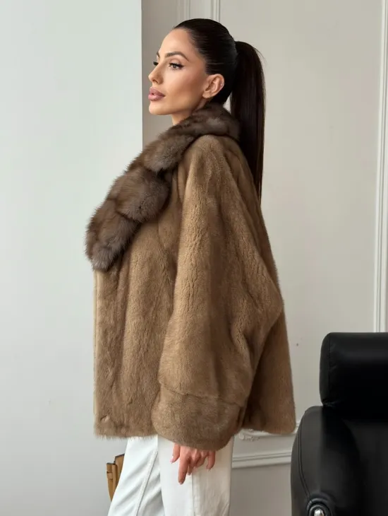 Норковый полушубок с воротником куницы 70 см - фото 4