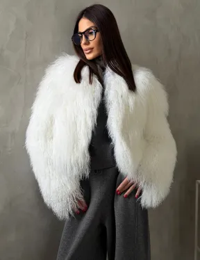 Белая кроп-шуба из меха ламы - фото 4