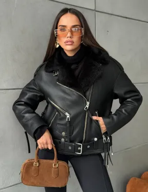 Черная короткая дубленка авиатор - фото 0